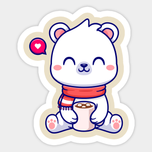 Cute Polar Bear Drink Coffee Cartoon Sticker